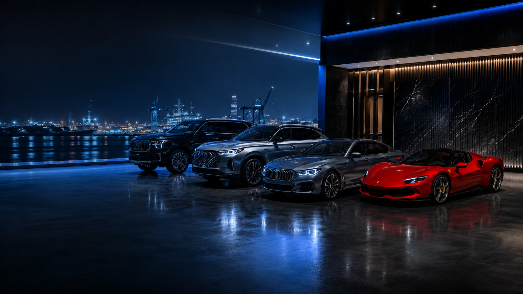PM Auto Trading used vehicle export and port logistics background